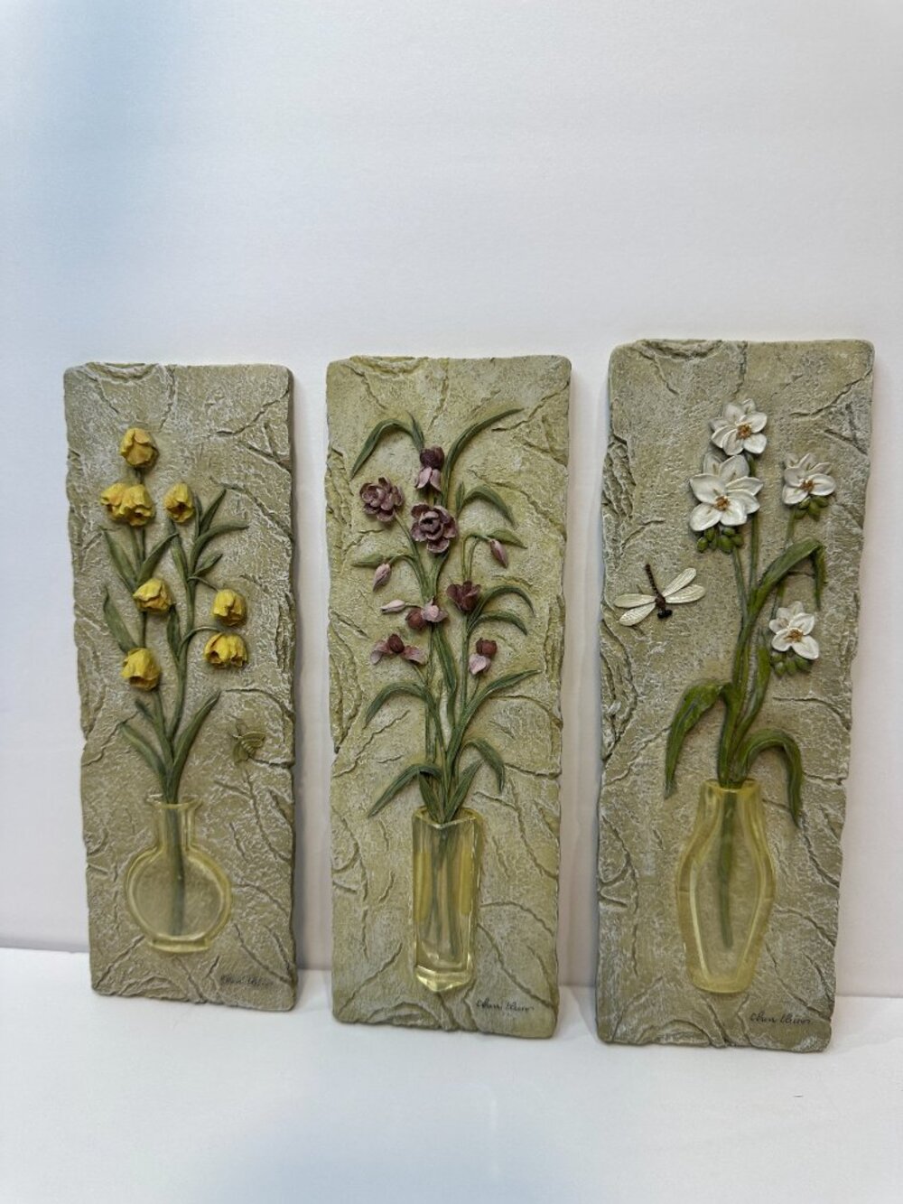 Vintage Cheri Blum Floral 3D Wall Art Tile Plaques Set of 3
